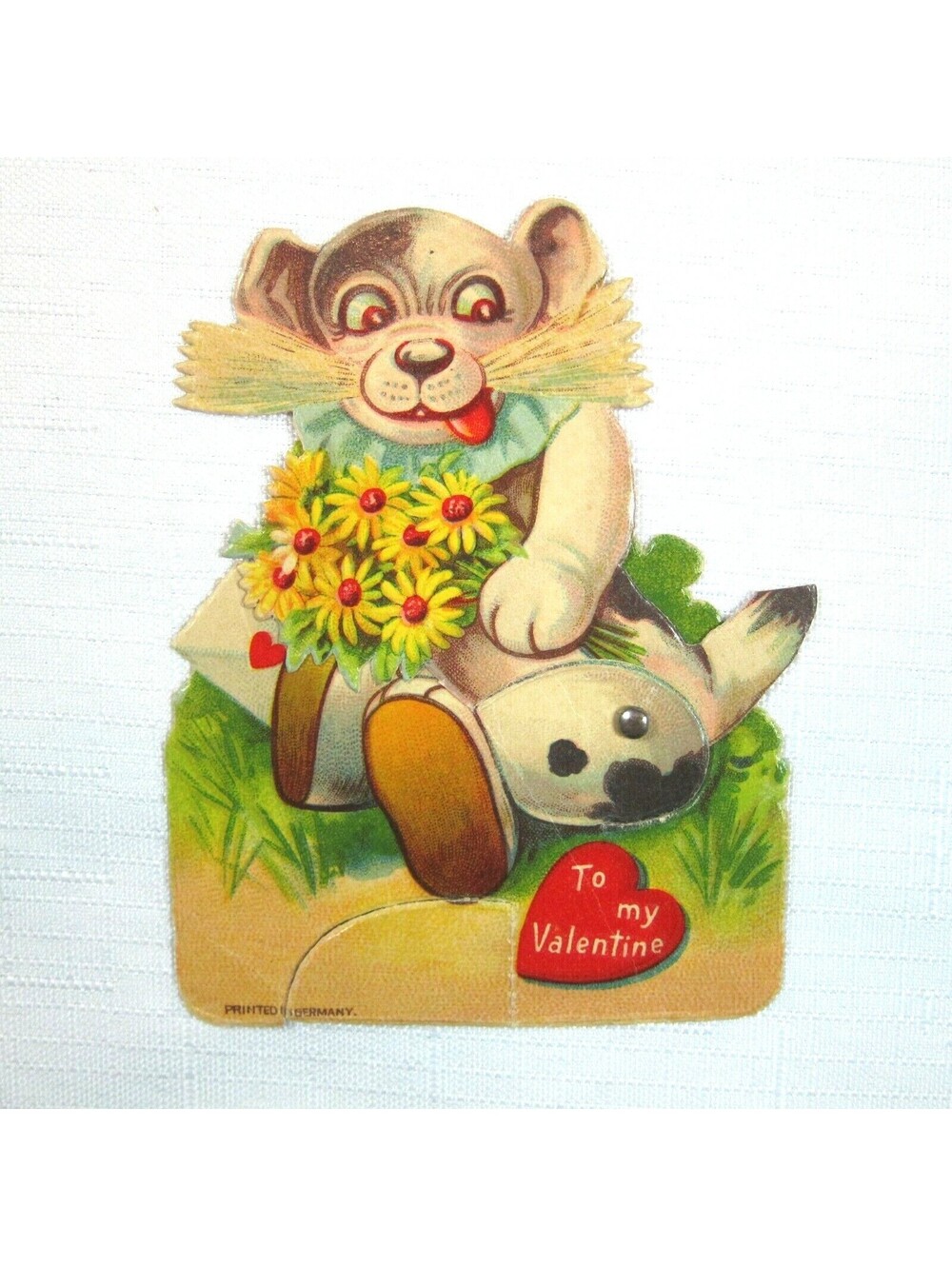 Vintage Valentine Card Mechanical Puppy Dog w/ Flowers Stand Up Germany 1920-30s